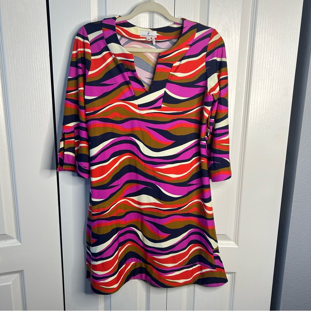 JUDE CONNALLY $198 Smooth Stretch Tank Pink Brown Geo Print Tunic Dress M Medium